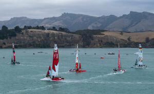 The SailGP F50 catamaran fleet in action during a practice session ahead of the ITM New Zealand Sail Grand Prix in Christchurch, New Zealand. Friday 22nd March 2024. Photo: Ricardo Pinto for SailGP. Handout image supplied by SailGP