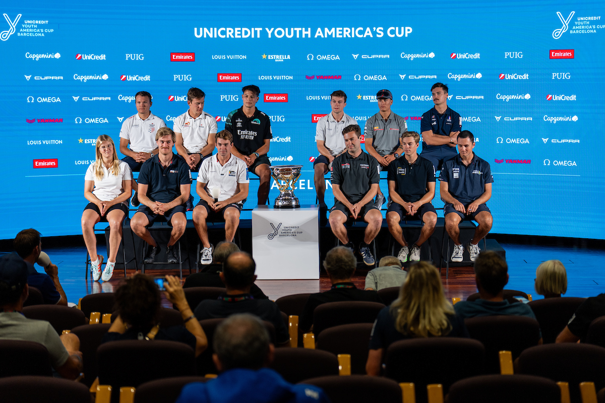 September 16, 2024. UniCredit Youth America's Cup, Skippers Press Conference. Twelve team skippers on stage